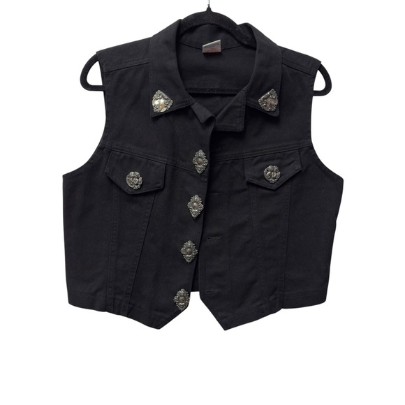 Vintage Watch LA Black Denim Festival Western Biker Y2K Vest with Silver Accents - Picture 5 of 14